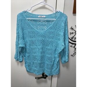 Tarse Light Blue Knit Pattern Sweater 3/4 Sleeve Shirt Medium Boho